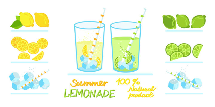 Vector image of the stages of making natural lemonade from lemons and limes. Illustration of ingredients and finished product in glasses with ice.
