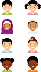 Set of different avatar arab, african american, european, asian children faces in colorful flat style.Collection of various avatars of international kids. Vector illustration of cartoon people face. 
