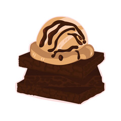 Illustration of a chocolate brownie with cream and a scoop of ice cream from above. Vector image of isolate on white.