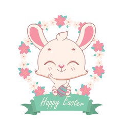 Happy easter bunny with floral wreath and festive banner