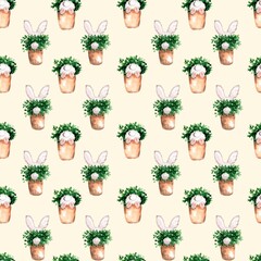 Watercolor illustration.  Seamless pattern, spring easter design.  Rabbits are white in flower pots with green leaves, herbs. For textiles, clothing, wrapping paper