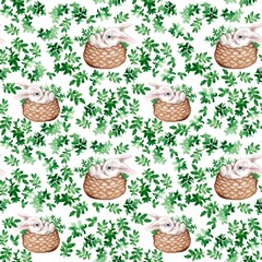 Watercolor illustration.  Seamless pattern, spring easter design.  rabbits in baskets with green leaves, herbs.   For textiles, clothing, wrapping paper 