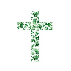 watercolor illustration.  Christian cross of green leaves  for Easter, cards, invitations, baptism