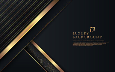 Abstract premium black geometric overlap layers with stripe golden line and glitter lighting on dark background. Luxury and elegant background with copy space. Vector illustration