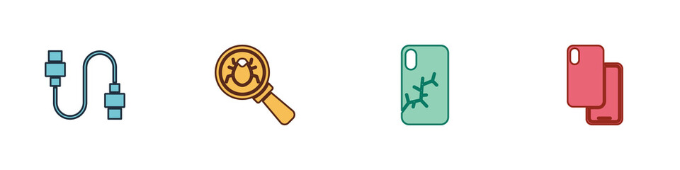 Obraz premium Set USB cable cord, System bug, Mobile with broken screen and Smartphone icon. Vector