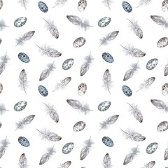 watercolor illustration, seamless pattern.  gray eggs and mottled feathers on a white background.  quail eggs.  Design for Easter, fabric, wrapping paper, clothing, cards, weddings.