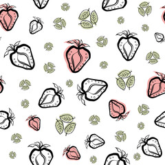 Strawberry and leaf linocut seamless vector pattern background. Stencil style hand drawn berries and leaves with red and green offset color. Muted vintage backdrop.Garden fruit repeat for food concept