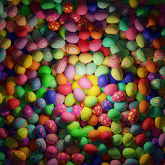 Background with multi-colored Easter eggs. Pile of colorful Easter eggs. 4k high-quality 3D rendered illustration. Easter holiday pattern.
