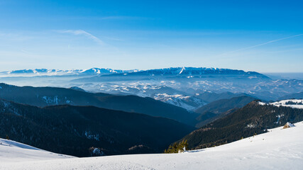Panoramic view over Piatra Craiului mountain range in Transylvania, Romania