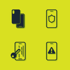 Set Smartphone, Mobile with exclamation mark, Glass screen protector and shield icon. Vector