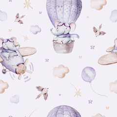 Watercolor purple illustration of a cute animal safary elephant and fancy sky scene complete with airplanes and balloons, clouds. Baby Boy and girl pattern. baby shower
