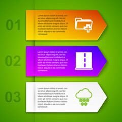 Set line Add new folder, Server, Data, Web Hosting, Cloud with snow and Storm. Business infographic template. Vector