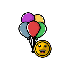 Cute Ballon Coin Cartoon Character Vector Illustration Design. Outline, Cute, Funny Style. Recomended For Children Book, Cover Book, And Other.