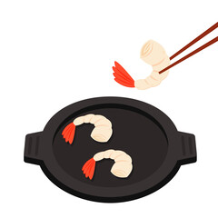 Shrimp cartoon vector. Shrimp on a Pan vector. Shrimp logo design. Sea food logo.