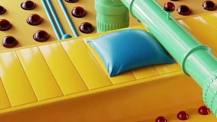 Colorful futuristic abstract toys factory with yellow machinery working, repeating movement in modern minimal 3d render animated background. Computer generated seamless motion design of simple