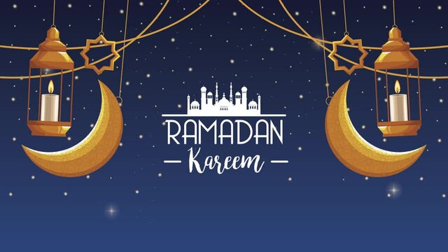 ramadan kareem lettering with golden lanterns and moons