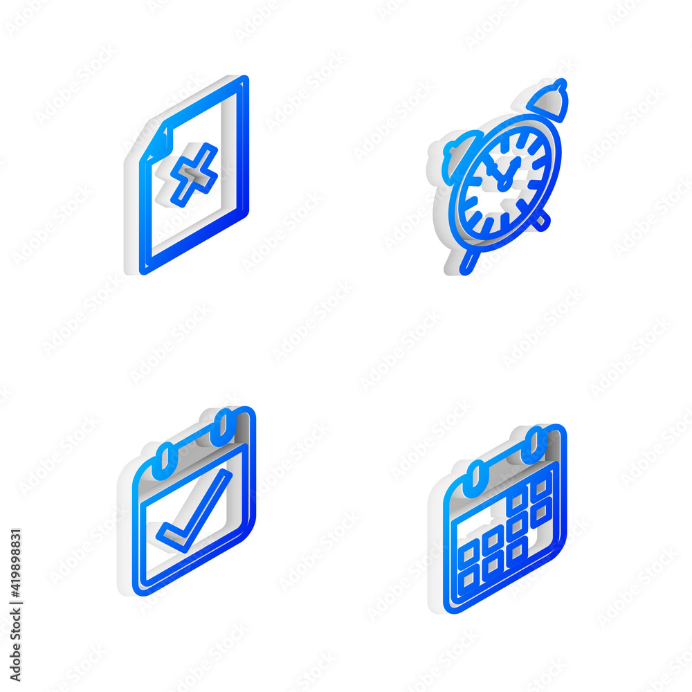 Poster set isometric line alarm clock, delete file document, calendar with check mark and icon. vector