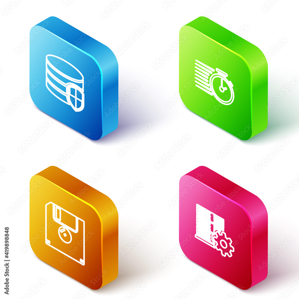 Poster set isometric line database protection, stopwatch, floppy disk and server setting icon. vector