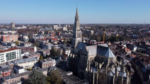 Aerial fly-by Basilica Our Lady Saint Cordon tower, Valenciennes