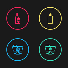 Set line FTP folder upload, settings, Burning candle and Wine bottle with glass icon. Vector