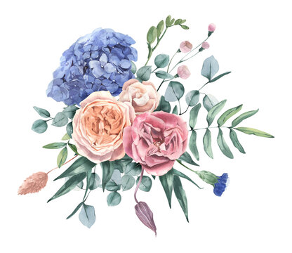 Watercolor hand drawn rose, hydrangea and eucalyptus bouquet.