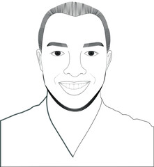 Portrait of the face of a young man in black and white made with fine lines, from the front, smiling, on a white background.