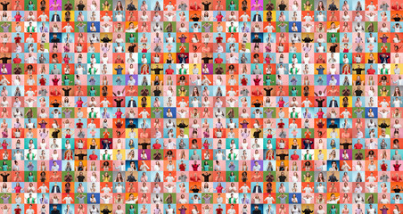 Collage of faces of surprised people on multicolored backgrounds. Happy men and women smiling....
