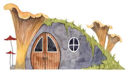 Watercolor hand painted cartoon house covered with moss and overgrowing mushrooms