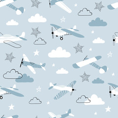 Vector hand-drawn seamless repeating children simple pattern with aircraft, stars and clouds in Scandinavian style on a blue background.Kids seamless pattern with planes. Funny airplanes.