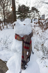 Creative Snowman in the form of a Snow Bear with a Scarf at Central Park in New York City during Winter