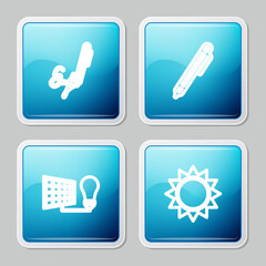 Set line Signature, Pen, Solar energy panel and light bulb and Sun icon. Vector