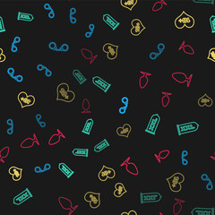 Set line Handcuffs, Condom safe sex, 18 plus content heart and Anal plug on seamless pattern. Vector