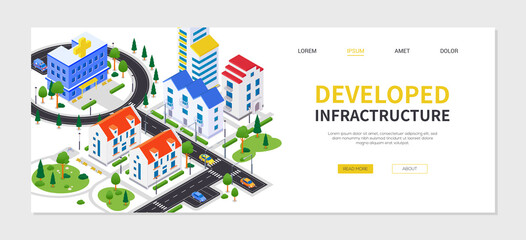 City district - modern vector colorful isometric web banner