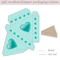 Triangle shaped printable packaging and wrapping scheme box for gifts, presents and events, convertible to different sizes, 3D, laser cut, craft art