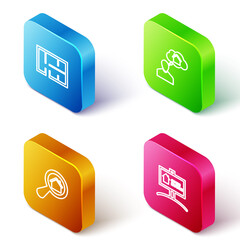 Set Isometric line House plan, Man dreaming about buying house, Search and Hanging sign with Open icon. Vector