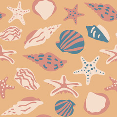 Vector seamless pattern with seashells and starfish on orange background. Design with starfish and shells.