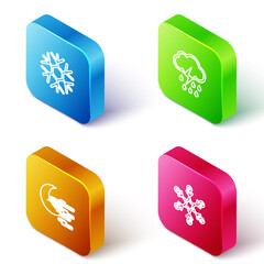 Set Isometric line Snowflake, Cloud with rain and lightning, Fog moon and icon. Vector