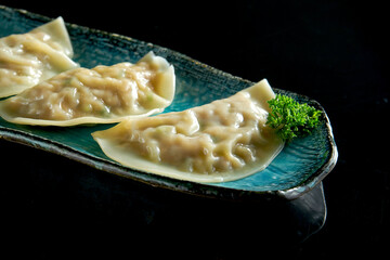 Mouth-watering Asian gyoza stuffed with meat, served on a blue plate. Japanese Jiaozi or dumplings isolated on black background. Pan-Asian cuisine