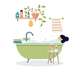 Woman taking a bath. A female character is relaxing in the bathroom with a glass of wine. The girl is enjoying a bubble bath. Vector illustration on white isolated background.