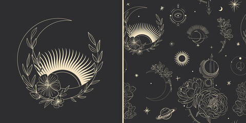 Fototapeta Vector illustration set of moon phases. Different stages of moonlight activity in vintage engraving style. branches of plants and flowers. sacred isoteric geometry obraz