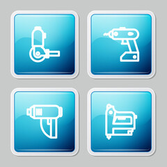 Set line Angle grinder, Electric cordless screwdriver, industrial dryer and construction stapler icon. Vector