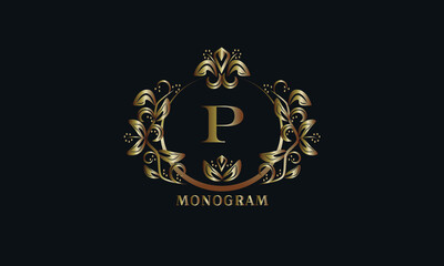 Exquisite bronze monogram on a dark background with the letter P. Stylish logo is identical for a restaurant, hotel, heraldry, jewelry, labels, invitations.