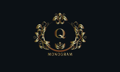 Exquisite bronze monogram on a dark background with the letter Q. Stylish logo is identical for a restaurant, hotel, heraldry, jewelry, labels, invitations.