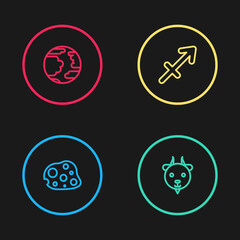 Set line Asteroid, Aries zodiac, Sagittarius and Planet Mercury icon. Vector