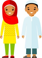 Set of cartoon different arab people in flat colorful style. Illustration of  collection arabic children in national costumes.
