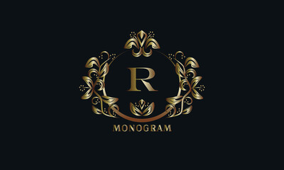 Exquisite bronze monogram on a dark background with the letter R. Stylish logo is identical for a restaurant, hotel, heraldry, jewelry, labels, invitations.