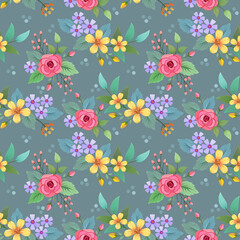 Fototapeta premium Abstract floral seamless pattern design for backdrop and wrapping paper. Colorful flowers, and leaves on a green background.