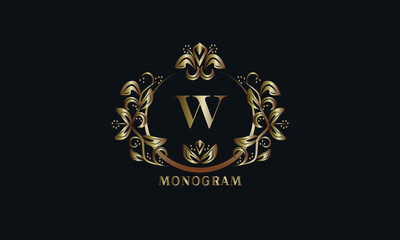 Exquisite bronze monogram on a dark background with the letter W. Stylish logo is identical for a restaurant, hotel, heraldry, jewelry, labels, invitations.