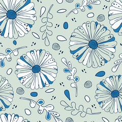 Seamless vector pattern with flowers on blue background. Artistic gerbera meadow wallpaper design. Decorative floral fashion textile.