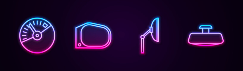 Set line Speedometer, Car mirror, Windscreen wiper and . Glowing neon icon. Vector